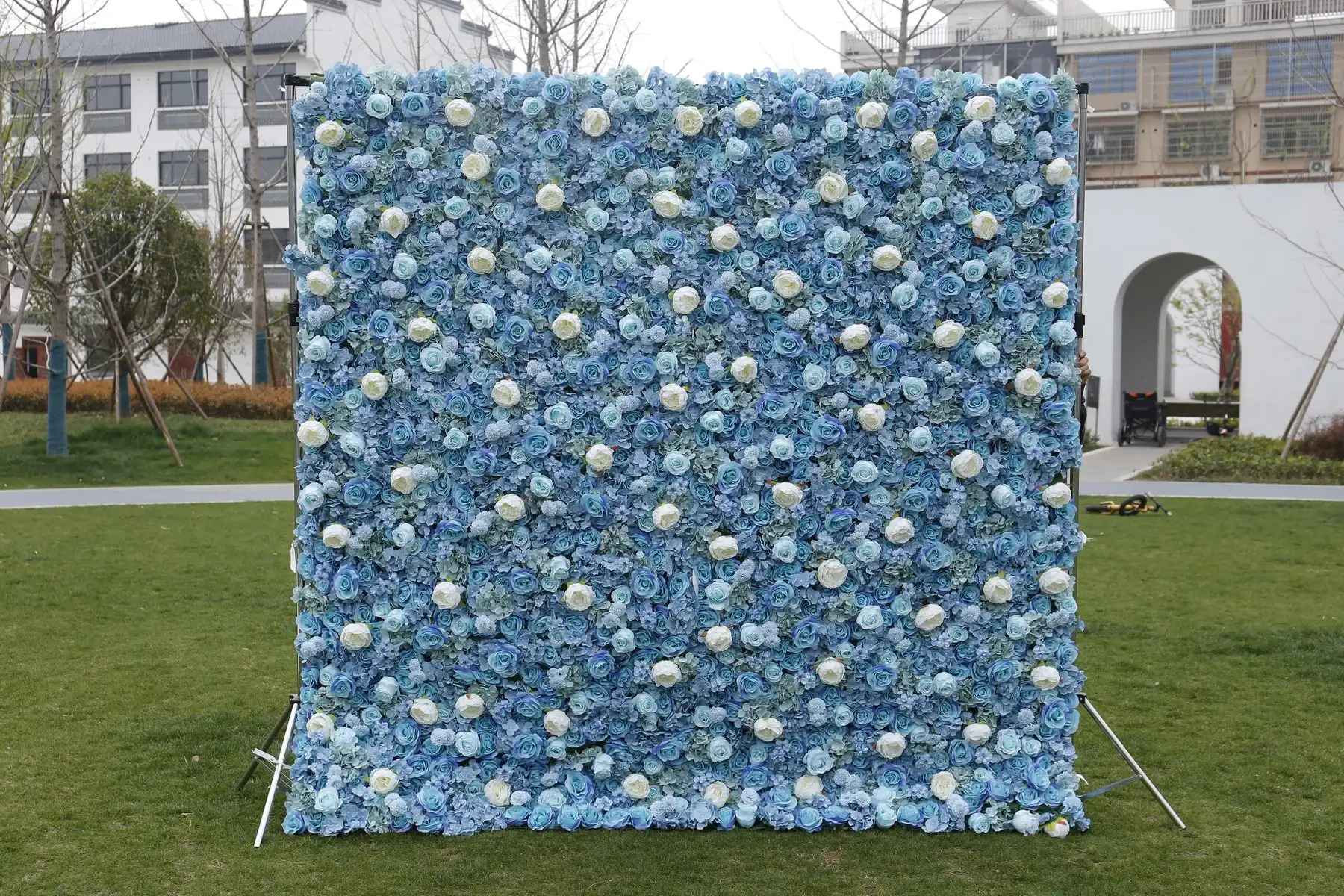 Colorful blue-white Wedding Backdrop 3D Cloth Flower Wall Rose Peony Fabric Wall Arrangement Party Event Table Runner Floral Row