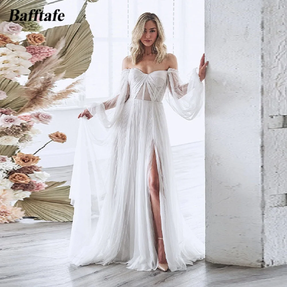 Bafftafe Ivory Soft Tulle Formal Prom Dresses Puff Long Sleeves Slit Women Wedding Party  Dress Transparent Top Evening Gowns