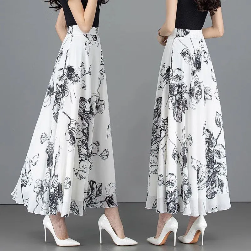 2024 Summer New Retro Black White Printed Chiffon Skirt Female High Waist A-line Long Skirt Large Flower Skirts for Women