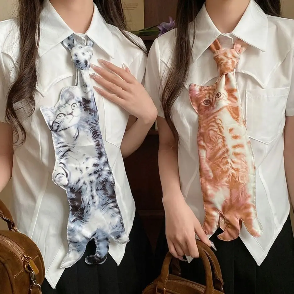 Trendy Cat Print Tie Necklace Unique Exaggerated Design Necktie Niche Sweet Versatile Collarbone Tie For Women Men