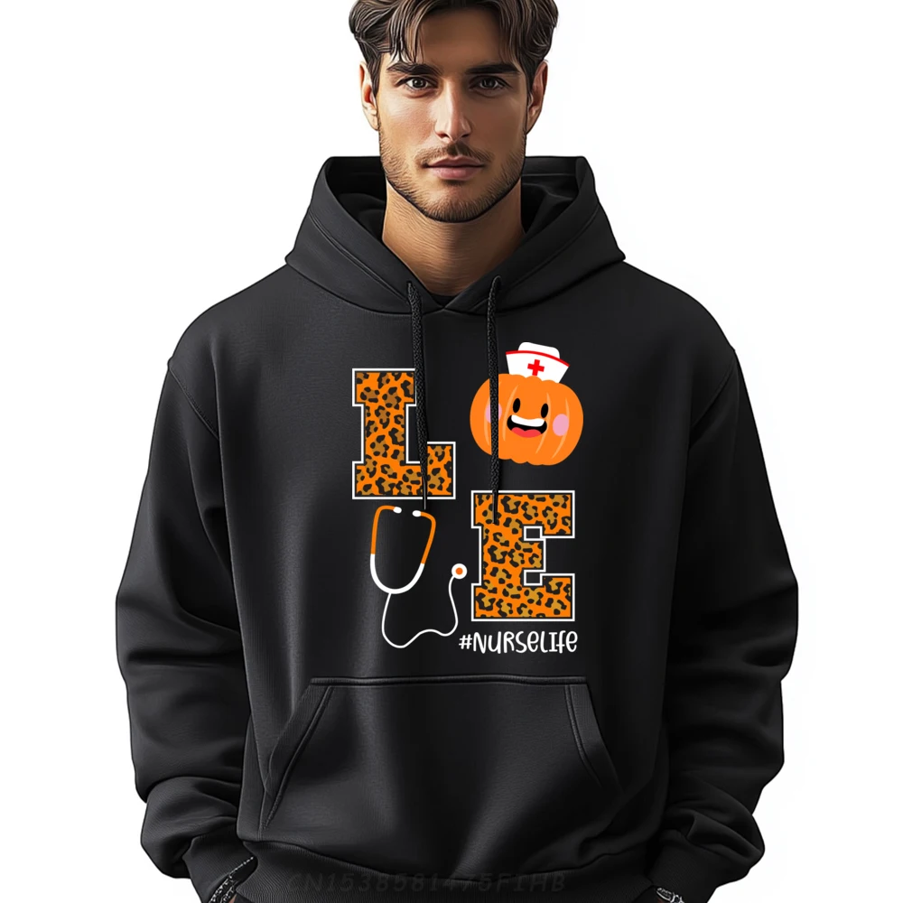 

Love Nurse Life Pumpkin Leopard Fall Halloween Nurses Men Graphic Tees Mens Long Sleeve Sweater Men Graphic