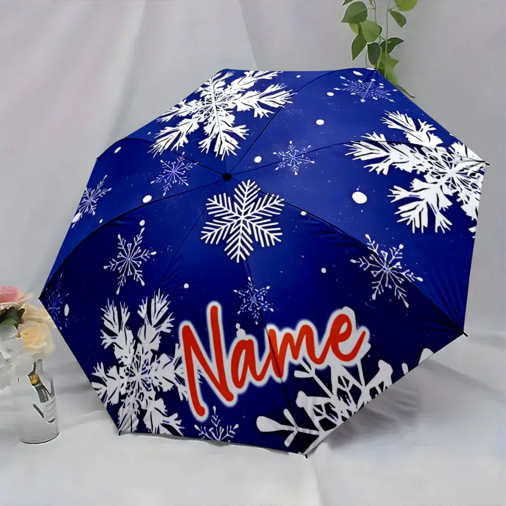 Custom Name  Winter-Themed Blue Umbrella with Snowflake Design Print 8 Iron Ribs Folding Umbrella Auto-Open Fashion Sunshade