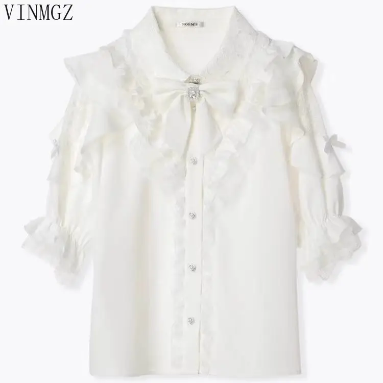 Japan's original order new mine series  ruffle edge bow off-the-shoulder lace medium-sleeved sweet shirt