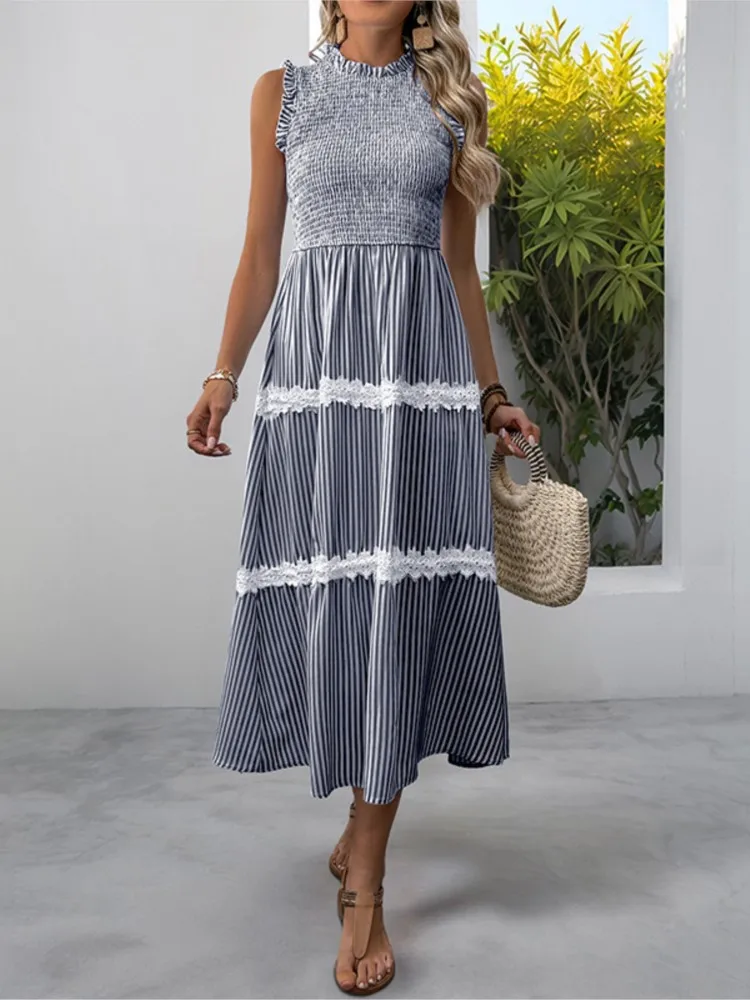 Casual estilo doce renda orelha de madeira sem mangas listrado vestido xadrez verão feminino cintura alta gola alta vestidos de estilo suave