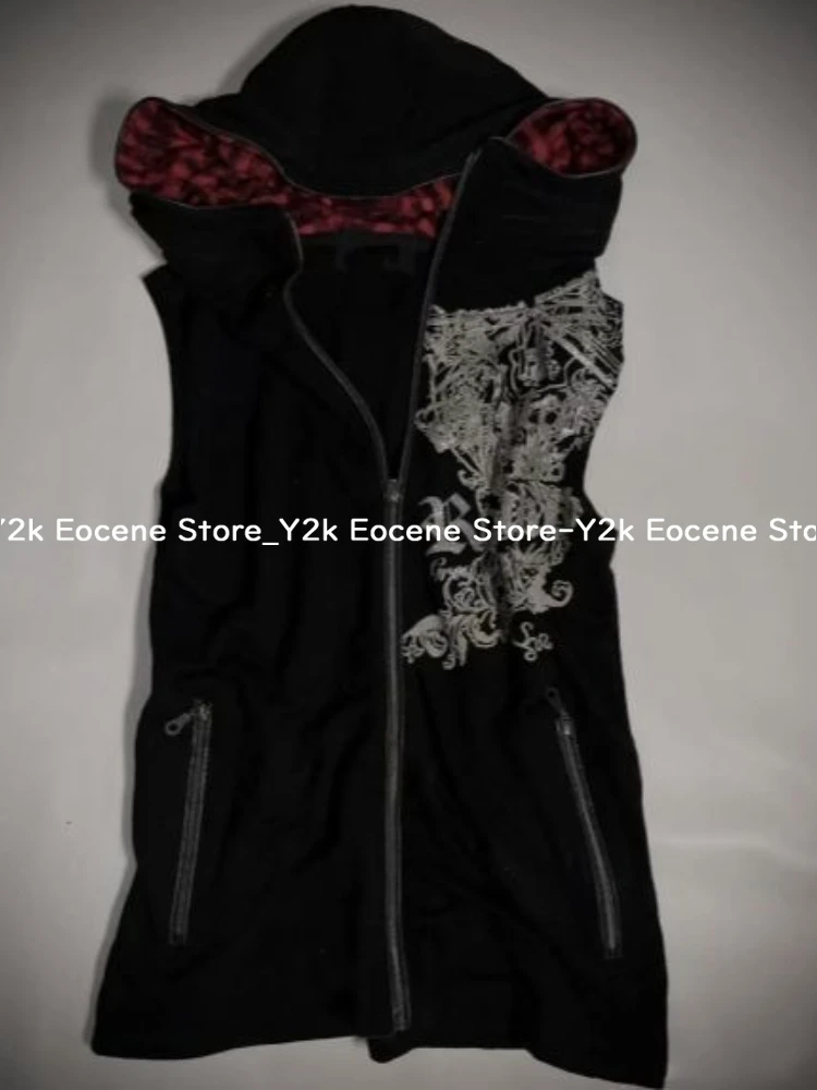 Dark Style Vintage Zipper Cardigan Tops Women Red Black Striped Hoodie Sleeveless Y2k Vest Aesthetic 90s Grunge Casual Clothing