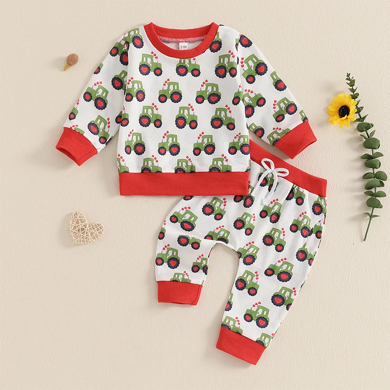 3M-3Y Baby 2Pcs Valentine’s Day Tractor All-over Print Outfits Set Long Sleeve Sweatshirt Pullover Tops + Pants Spring Clothes