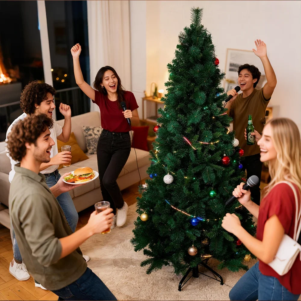 شجرة عيد الميلاد المضاءة مسبقًا 180/210/240 سم، إبرة الصنوبر الاصطناعية وشجرة مختلطة PVC مع قاعدة حديدية، سهلة الإعداد لتزيين العطلة