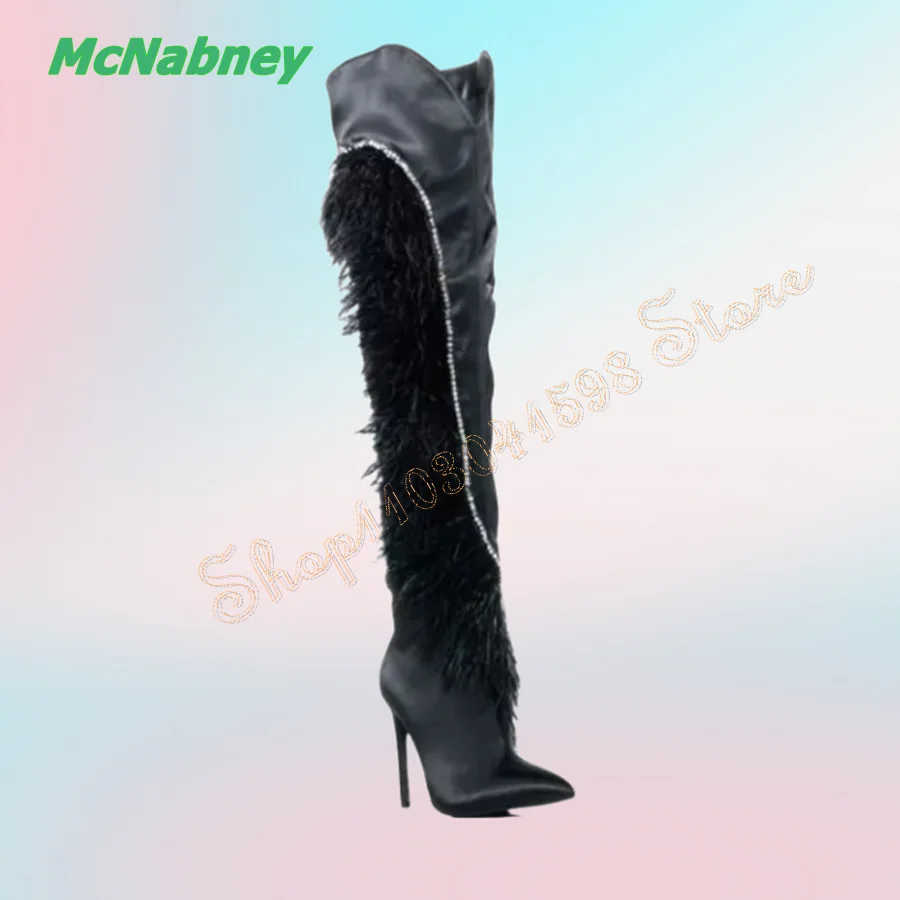 

Crystal Feather Boots Black Leather Women Boots Pointed Toe Stiletto Zippered Over The Knee Boots 2024 New Zapatos Para Mujere