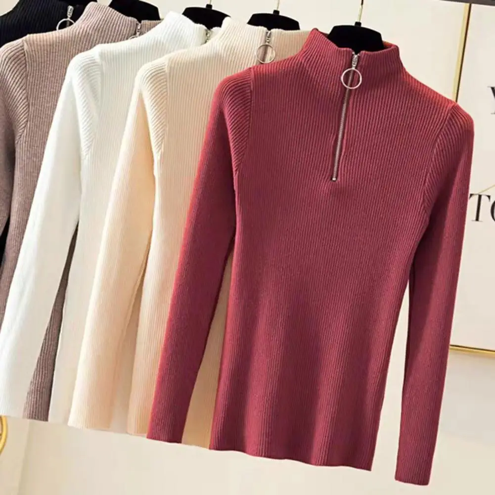 Knitted Women Zipper Half High Neck Sweater Pullovers Autumn Winter Basic Women Sweaters Slim Solid Knitwear Pull Femme Tops