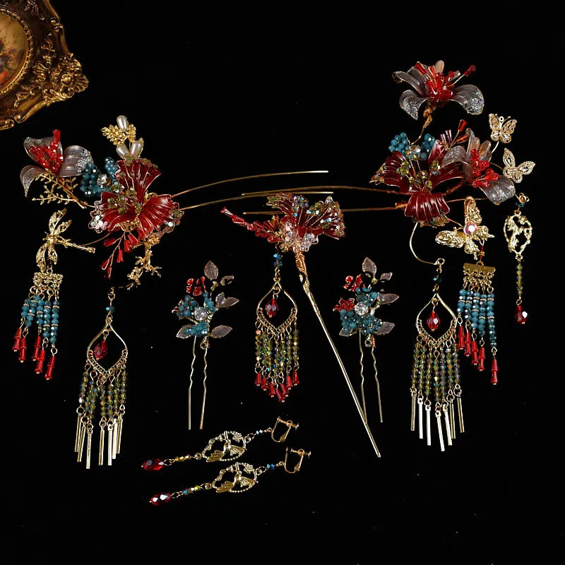 FS gold red, hair accessories set, bride's new Chinese cheongsam, dragon phoenix jacket, horse dress, headgear,