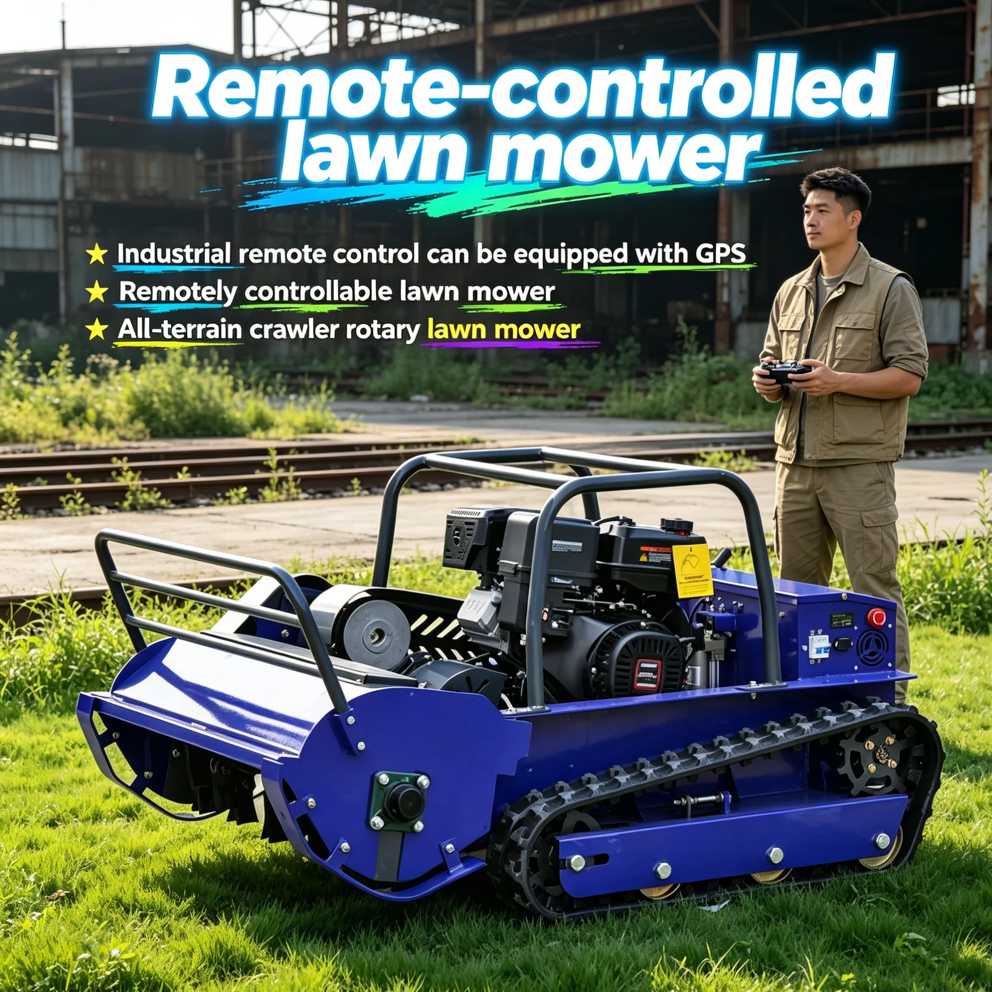 Customized Industrial Wireless Robotic Mower checks running data via screen while anti-slip crawler improves terrain adaptabilit