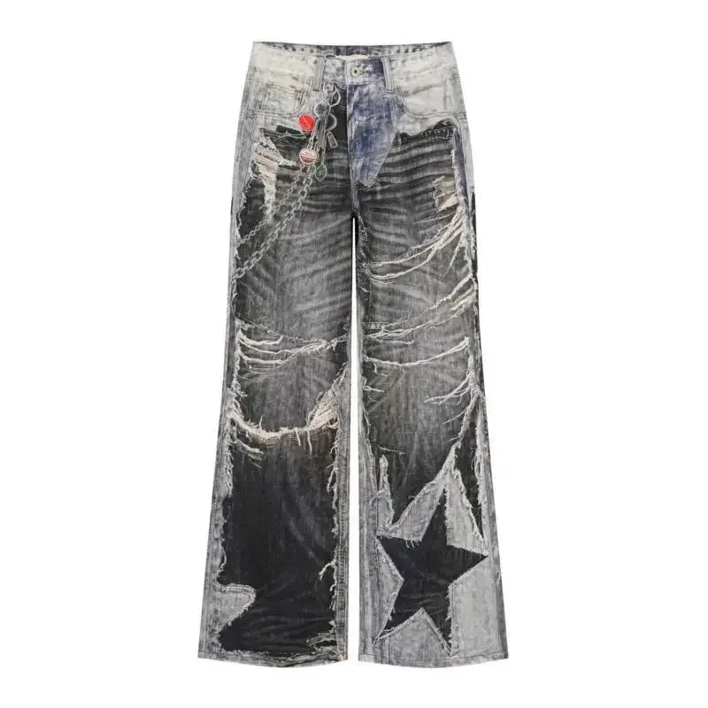 Grey Chain Print Men's Widel Eg Jeans High Street Punk Baggy Versatile Casual Denim Pants Casual Fashion Trousers H4D7