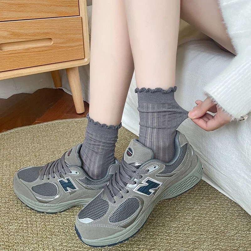 5 Pairs/Lot Women Hollow Mesh Tube Socks Ear Fungus Edge Socks Ins Trendy Spring Summer Loose Mouth Thin Style Girls Pile Socks image 3
