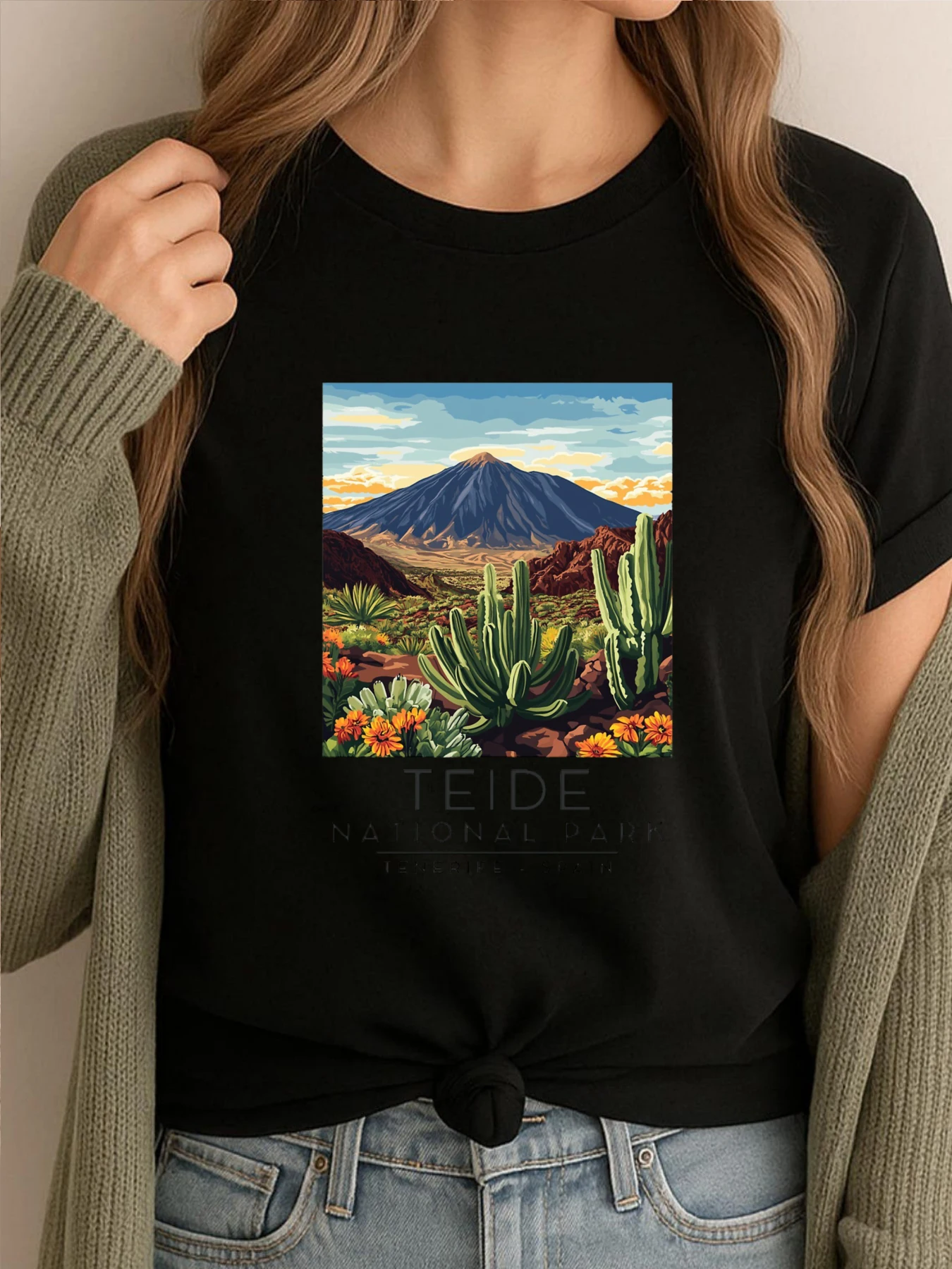 رسم توضيحي عتيق لـ Teide National Park Tenerife إسبانيا ملابس رجالية جرافيك تي شيرت رجالي مطبوع تي شيرت