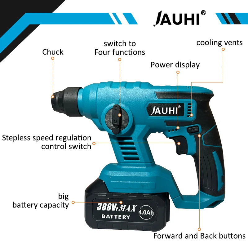 JAUHI 3600rpm Cordless Electric Rotary Hammer Rechargeable 8600ipm Electric Hammer Drill For Makita 18V Battery Power Tools