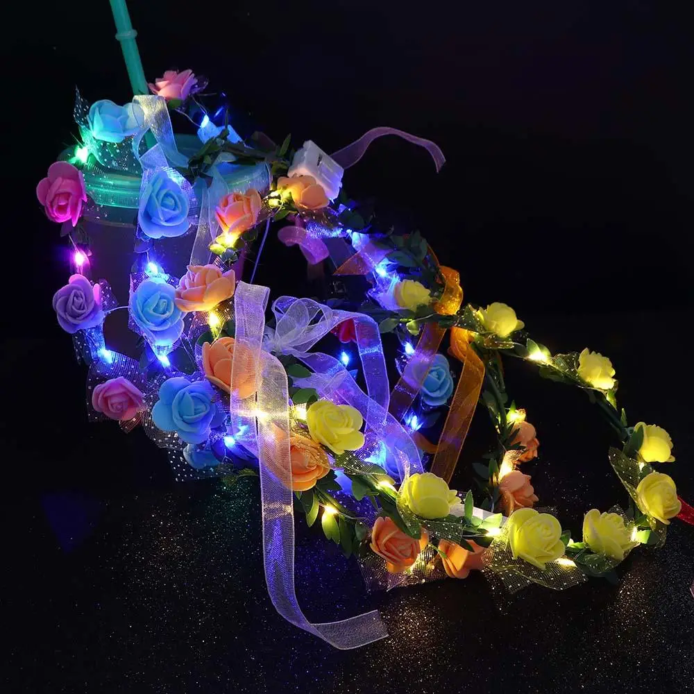 

Fashion For Girls Headwear Foam Party Rose Flower Crown Flower Headband Women Headwear LED Light Garland Wreath Decoration
