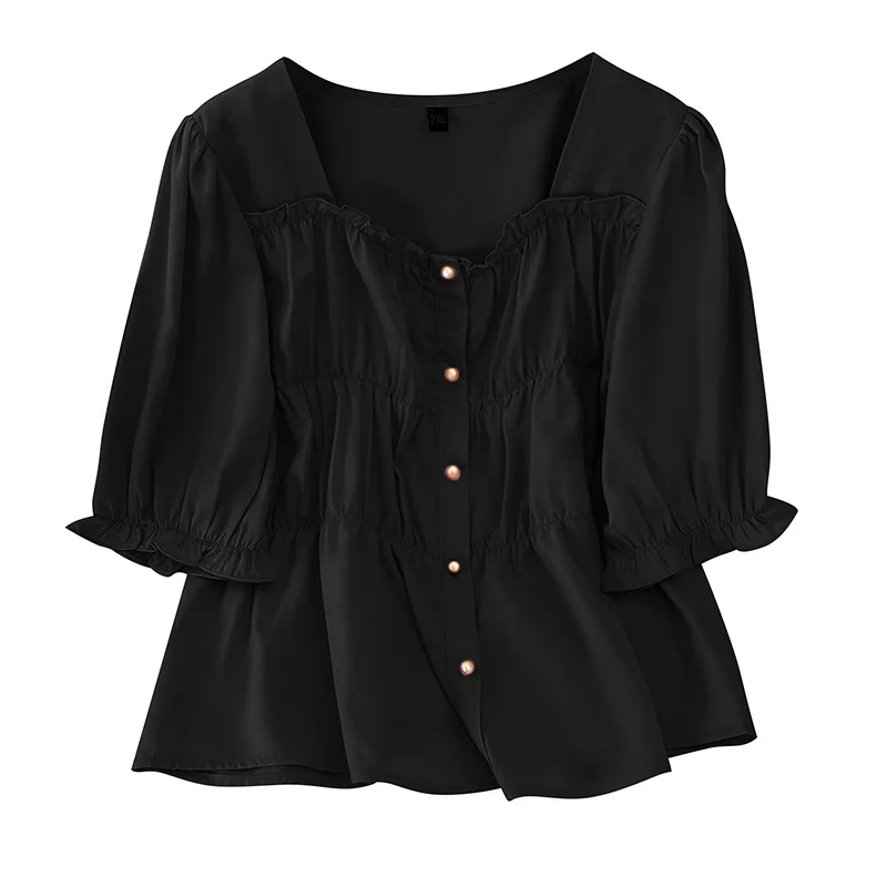 Plus size, summer new square neck top, oversized women's loose and slimming French shirt 3252