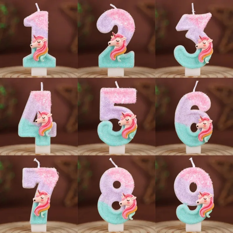 Cartoon Unicorn Digital Candles Birthday Cake Decorations Creative Plugin Number 0-9 Glitter Birthday Party Handmade Candles