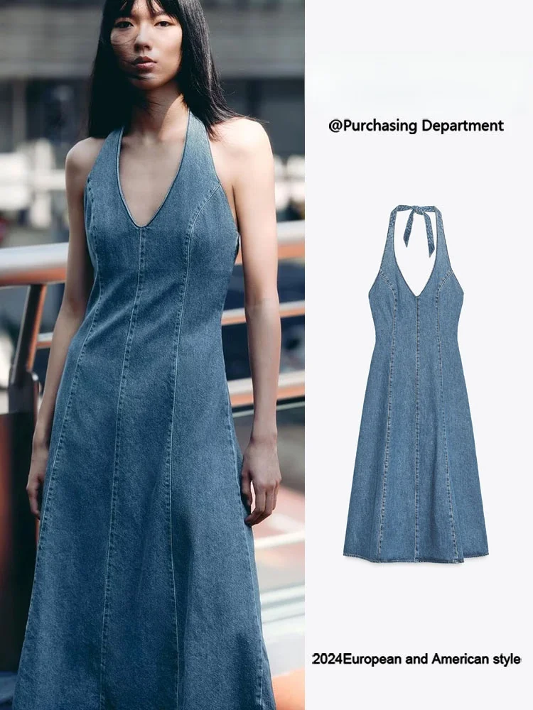 fashionable-mid-length-denim-dress-with-collar-new-arrival-women's-clothing-elegant-atmosphere-hanging-neck-line-gown-for-ban