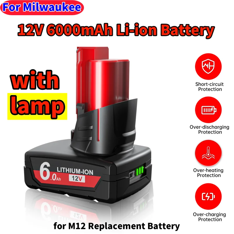 12V 6000mAh M12 Rechargeable Battery with Lamp For Milwaukee M12 XC Cordless Tools 48-11-2402 48-11-2411 48-11-2401 MIL-12A-LI