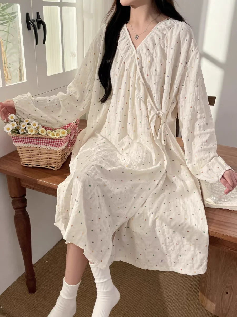

Robe Women's Kimono Nightgown Polka Dot Long Sleeve Home Clothes Pajama Lingeries Pajamas Cute Loose Sleepwear Robes Ladies Lady