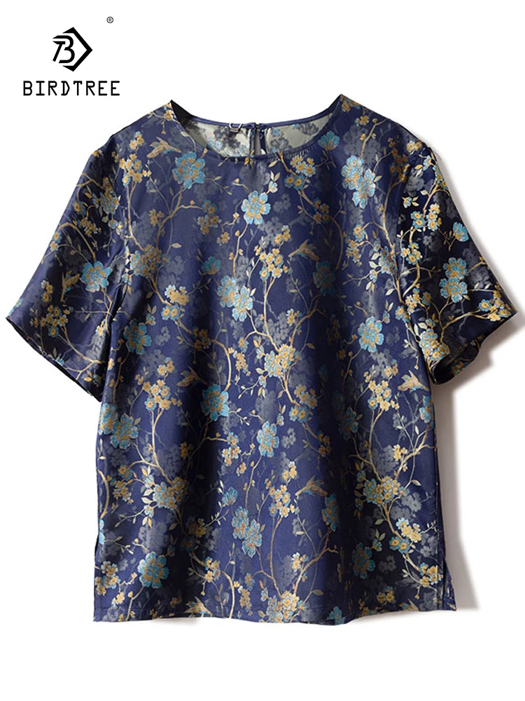 

Birdtree 100%Mulberry Silk Dark Blue Flower Printed T-shirt Song Brocade Retro Temperament Elegant Top 2023 Summer New T38858QC