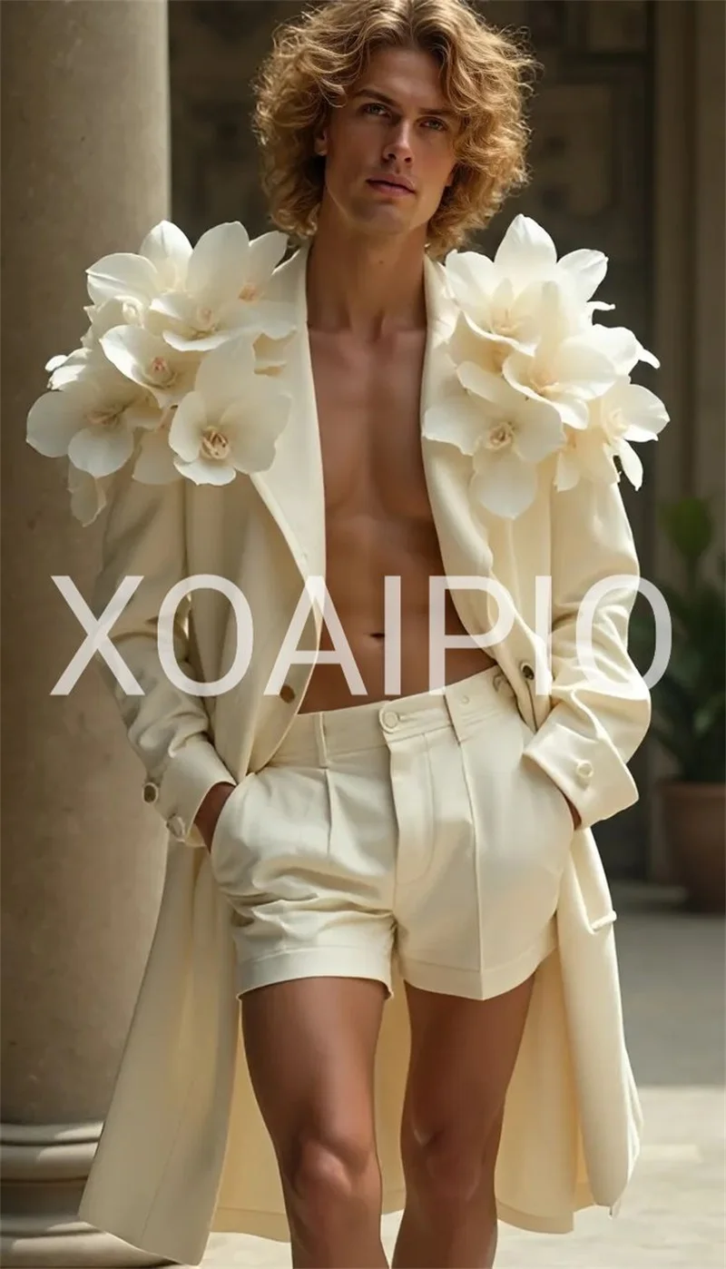 الأبيض الرجال الدعاوى مجموعة 2 قطع السترة الطويلة + سراويل قصيرة بنطلون ثلاثية الأبعاد زهرة الزفاف البدلات الرسمية سترة مكتب الصيف الذكور معطف