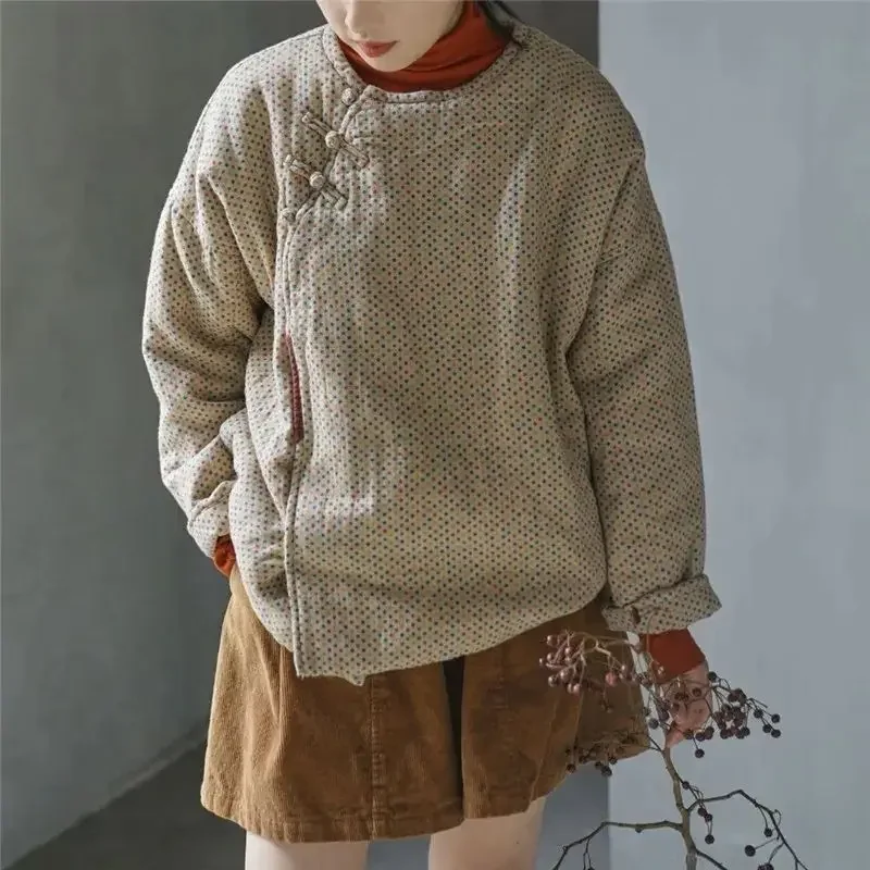 

Хлопковая куртка в литературном горошек, женская зимняя теплая свободная толстая женская куртка, верхняя одежда в стиле ретро с круглым вырезом, женская одежда в китайском стиле