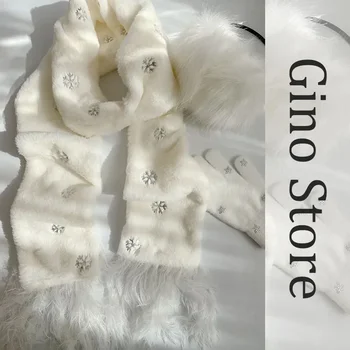 Sweet Lolita White Scarf Earmuffs Set Faux Rabbit Plush Snowflake Flow Y2K Women Winter Warm Foldable Ear Wrap JK Akcesoria