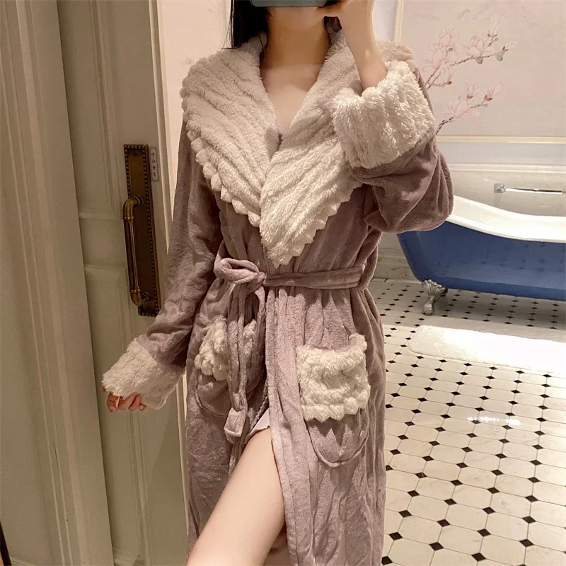 2023 Winter Long Sleeve Thick Warm Flannel Kimono Robes for Women Cute Lace Bathrobes Sleepwear Bath Robe Nightdress Night Dress