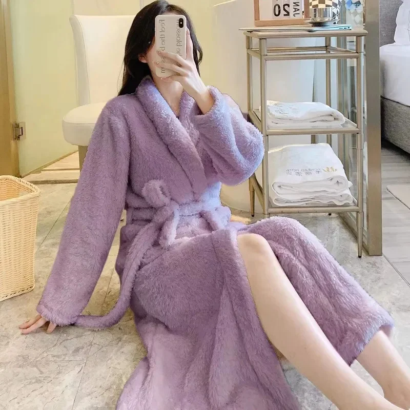 

2022 Flannel Nightgown Autumn Winter X-long Bathrobe Thicken Fluff Warm Home Service Female Waistband Pajamas Cardigan Jackets