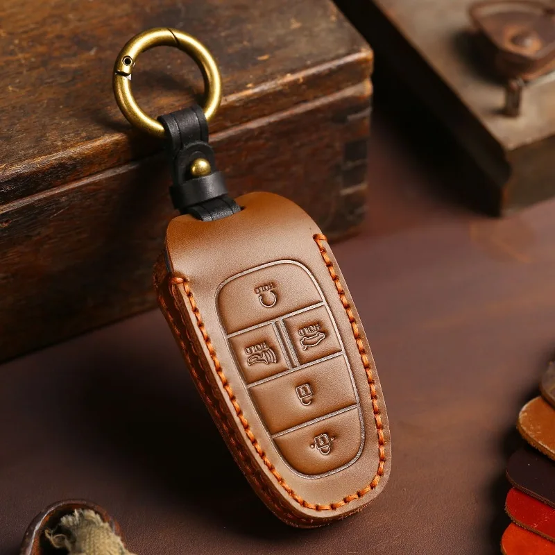 Genuine Leather Car Key Case Cover Shell Protector Fob Holder for Hyundai Staria Sonata Accessories Keychain