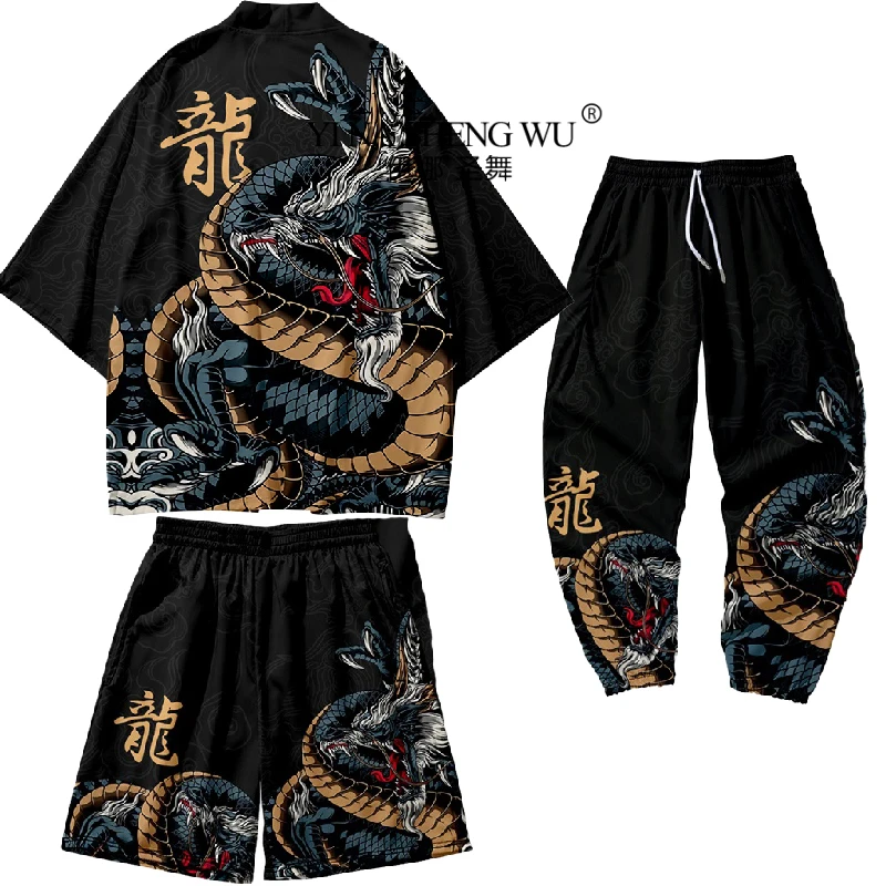 

Large Size 6XL 7XL Japanese Kimono Cardigan Pants Set Dragon Print Men Women Shirt Tradition Yukata Haori Obi Coaplay Costume N