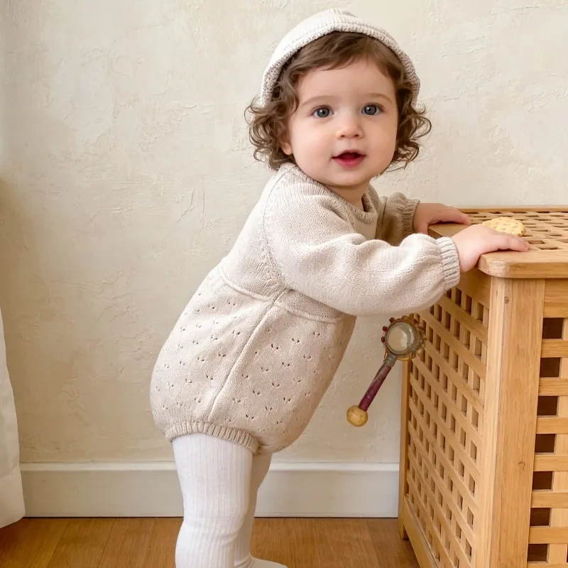 Cute Autumn Outfit New Baby Boy Girl Baby Hollow Out Solid Knitted Long Sleeved Hoodie Versatile Bodysuits All Cotton Jumpsuit