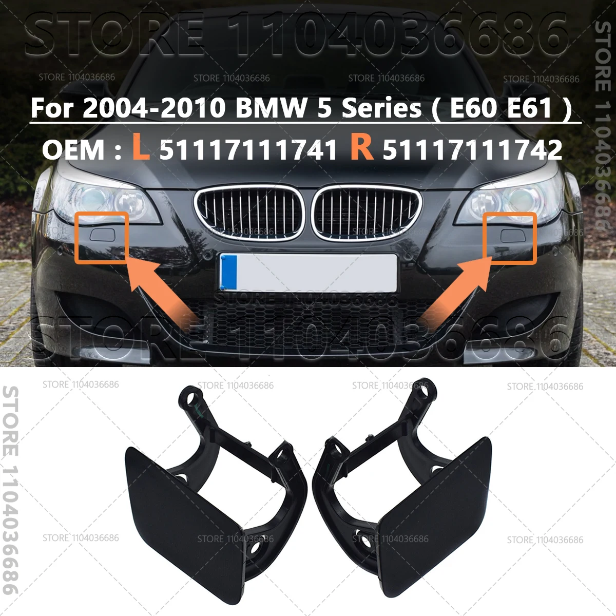 For 2004 2005 2006 2007 2008 2009 2010 BMW 525i 528i 530i 530i 535i 545i 550i M5 E60 E61 Front Headlight Washer Nozzle Cover - view 3