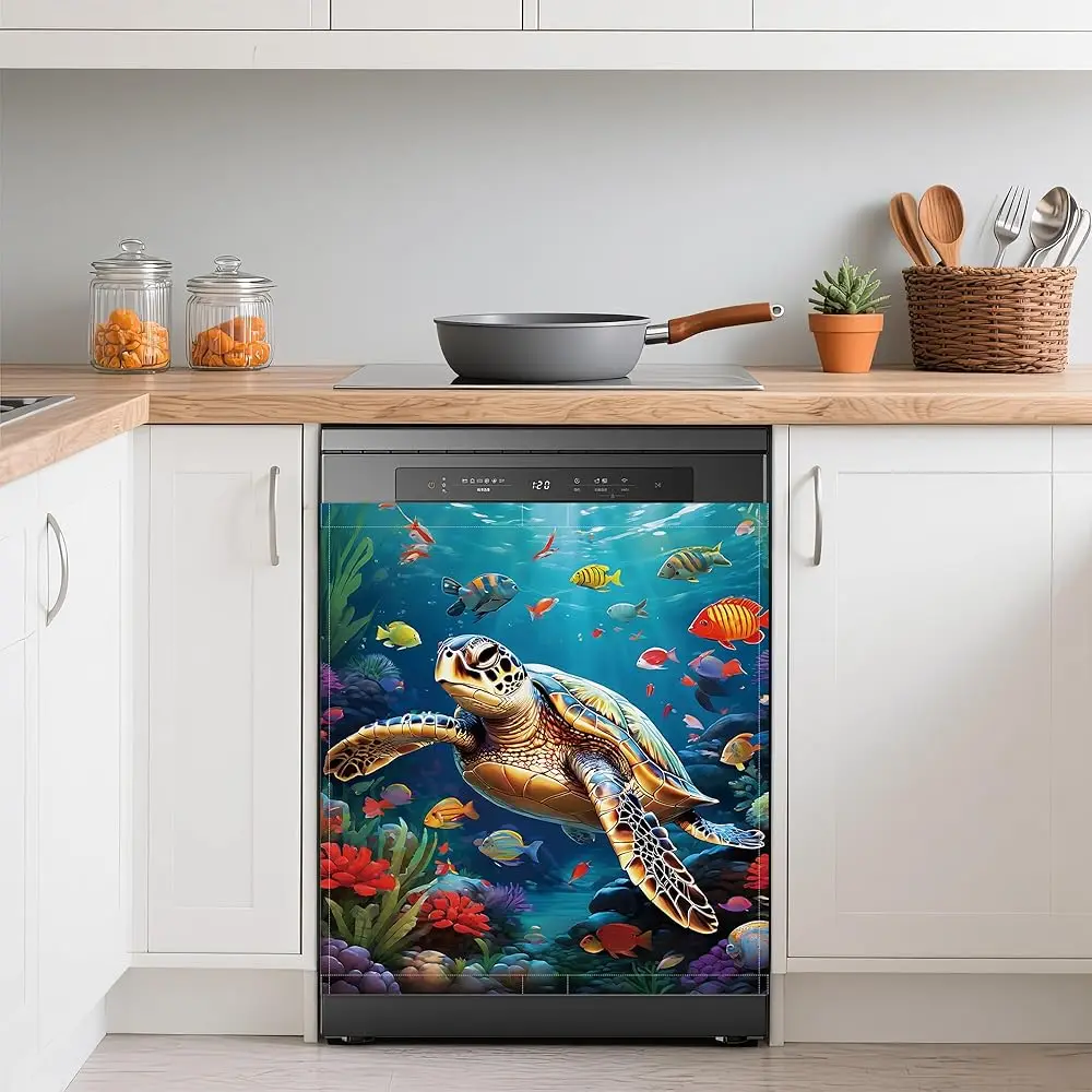 Imanes Decorativos para Lavavajillas con Diseño de Tortuga Marina, Panel Magnético Impermeable con Peces y Corales Coloridos para Lavavajillas y Refrigerador