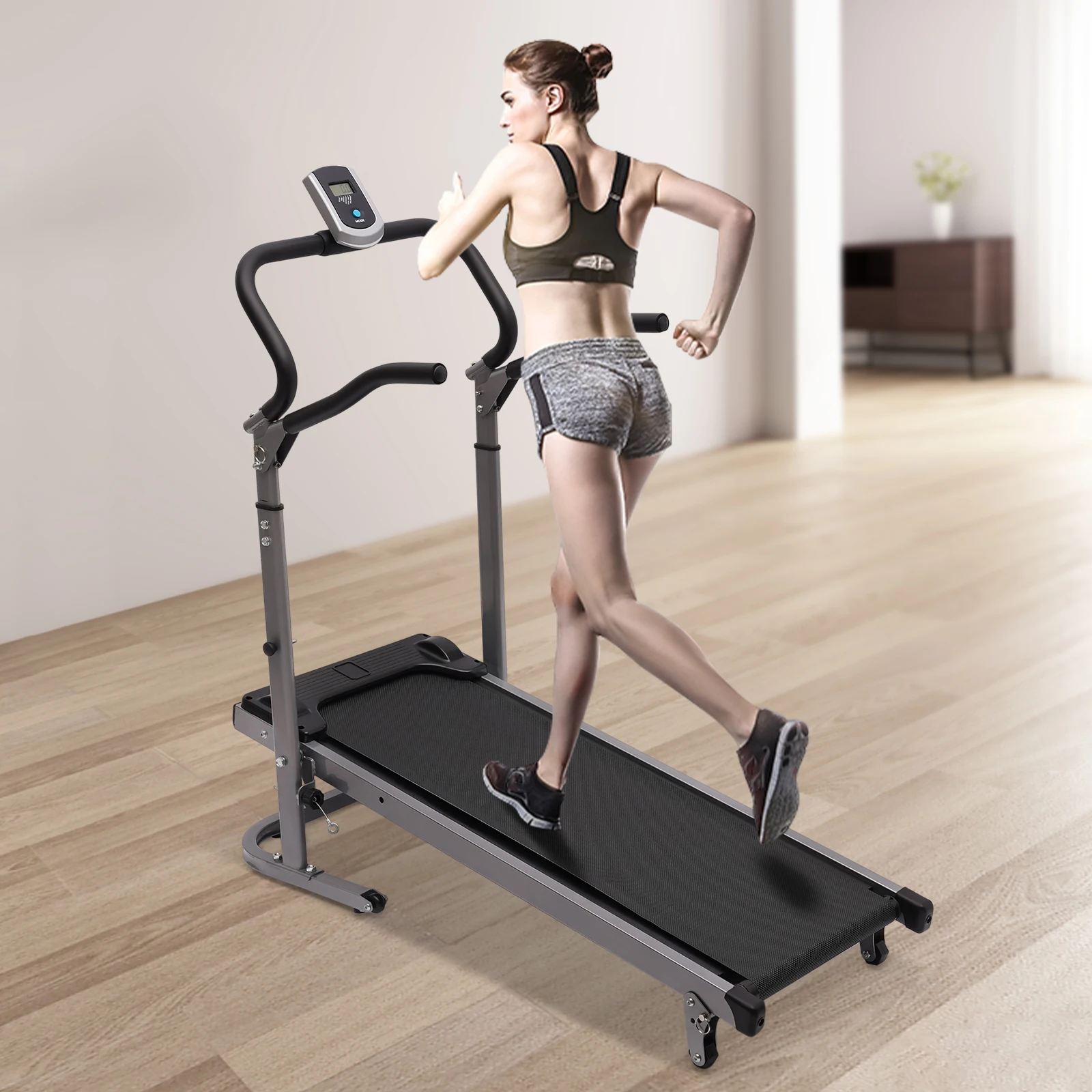 Foldable Treadmill Non-Electric Drive Running Jogging Walking Exercise Machine with Incline for Home LCD Monitor Space Saving