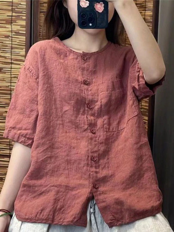 Women's Cotton Linen round Neck Shirt Summer New Style Vintage Fashion Loose Fit Versatile Youthful Open Cardigan Top