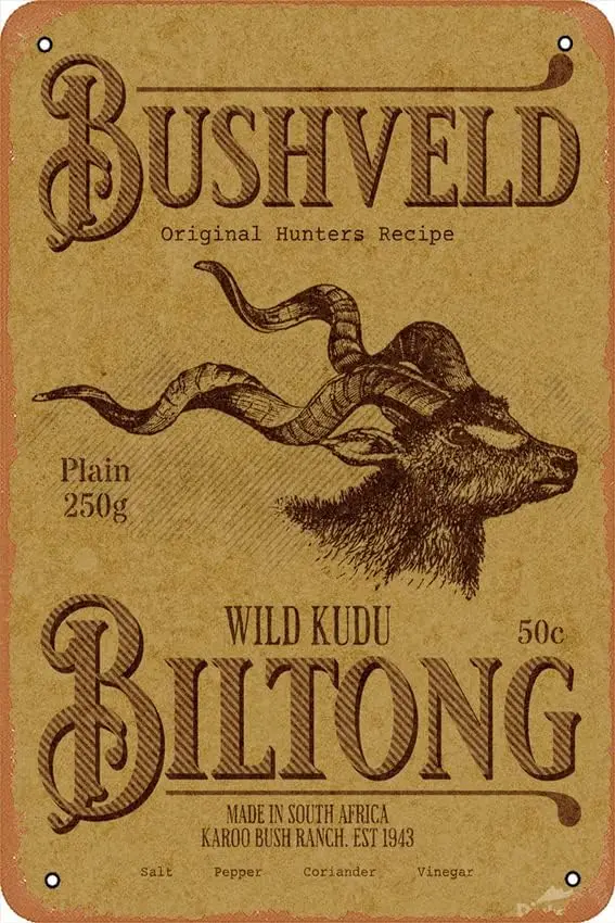Póster de BUSHVELD BILTONG, letrero de estaño Retro, decoración artística de pared, letrero de Metal, letrero decorativo de 8x12 pulgadas