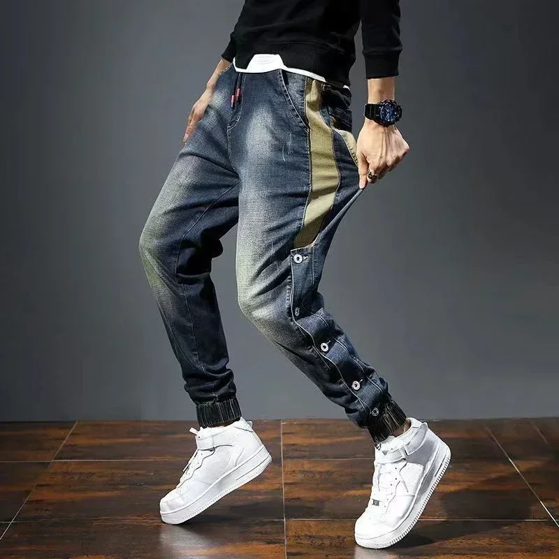 

Man Cowboy Pants Elastic Men's Jeans Stretch Spliced Trousers Slim Fit Cropped Buttoned Skinny Tight Pipe Korean Style Harajuku