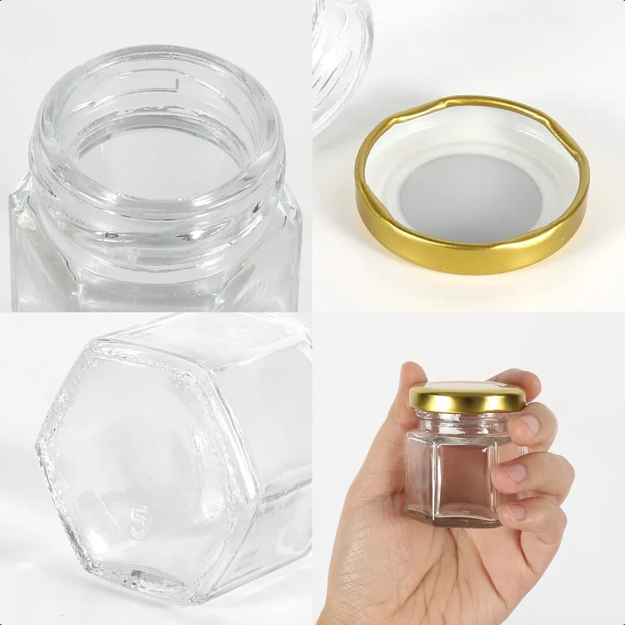 Keketin 1.5オンス ハニージャー 30パック 六角形ガラスジャー ゴールド蓋付き 45ml 小型缶詰ジャー ミニストレージガラスジャー ジャム用 Fru