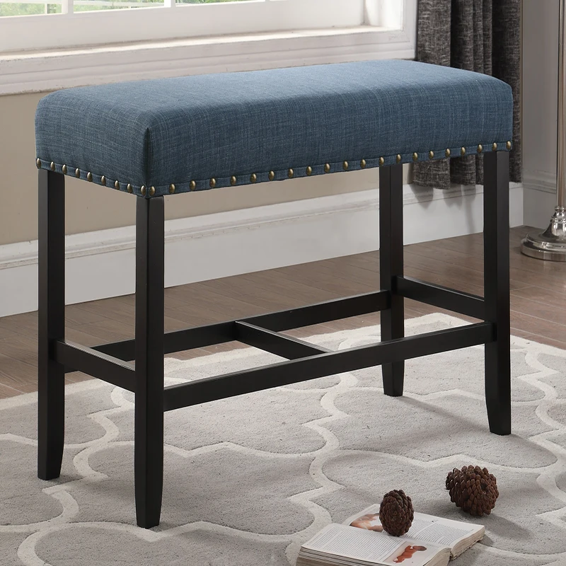 Biony Fabric Counter Height Dining Bench Wooden Base Comfort Seat Kitchen Diningwith Nailhead Trim, Blue On-Site