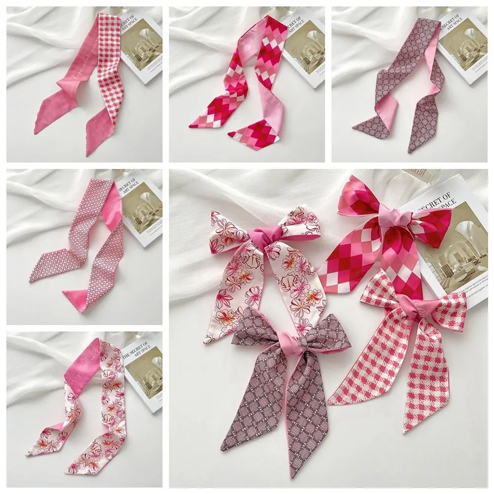Elegant Ribbon Headband Silk Scarf Pink Flower Printed Scarf Neckerchief Collocation Clothing Accessories Long Scarf Female