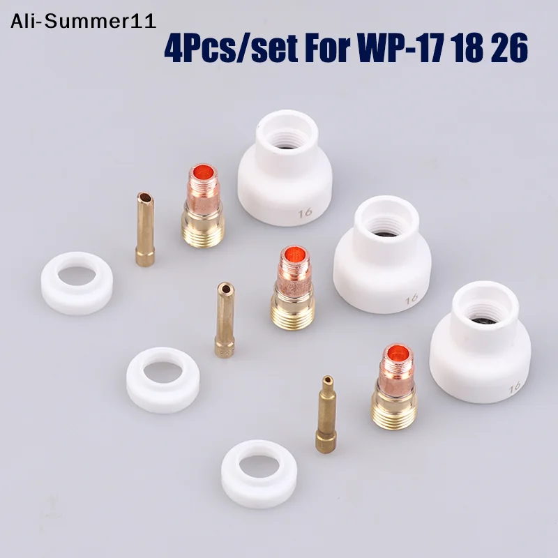【11A】4Pcs TIG Welding 1.6/2.4/3.2mm White Ceramic Nozzle Alumina Cup Kit Torches WP17 18 26 Stubby Collets Body Gas Lens Set