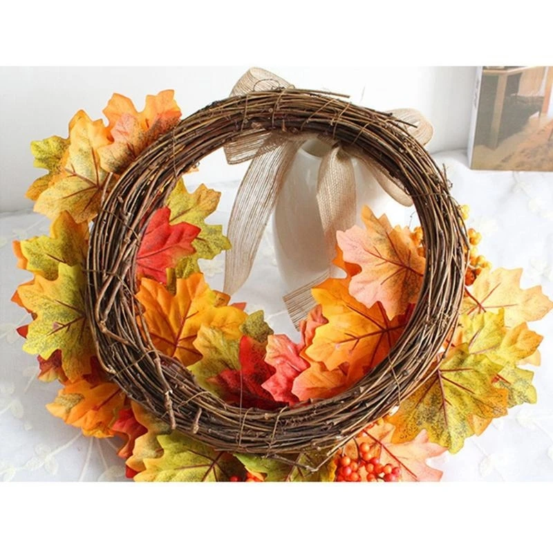 

Fall Wreath Artificial Maple Wreath with Bow for Thanksgiving Halloween Festival Door Window Wall Decor 15UB
