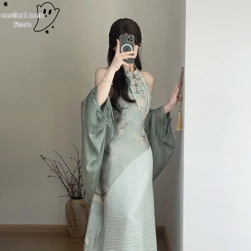

Сексуальное улучшенное китайское платье с вырезом «Гринлотер», костюм Циапо с принтом для молодых девушек, женский летний костюм ханьфу, винтажное праздничное платье