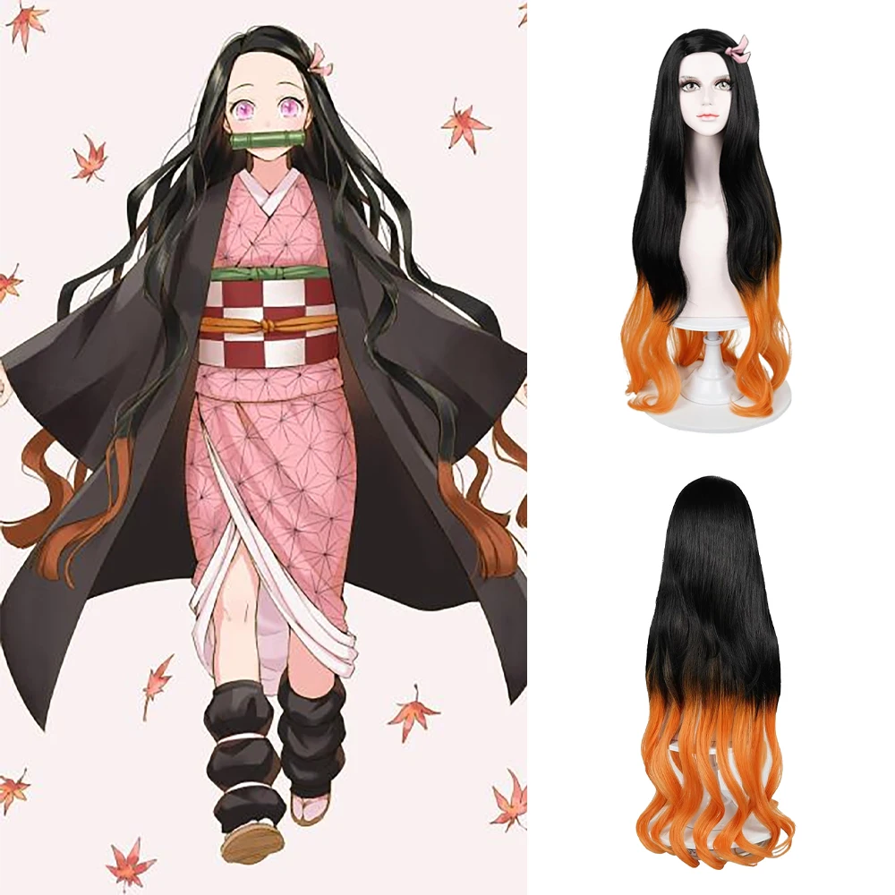 

High-Quality Anime Demo Slaye Kamado Nezuko Cosplay Synthetic Hair 32-Inch Long Curly Hair Halloween Carnival Daily Party Wig