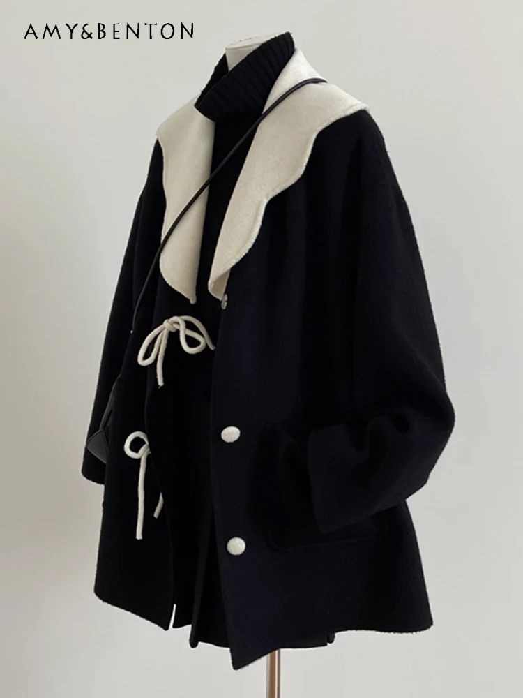 

2025 Spring and Autumn Korean Commuting Style High-End Black Lapel Bow Single-Breasted Mid-Length Loose Wool Coat