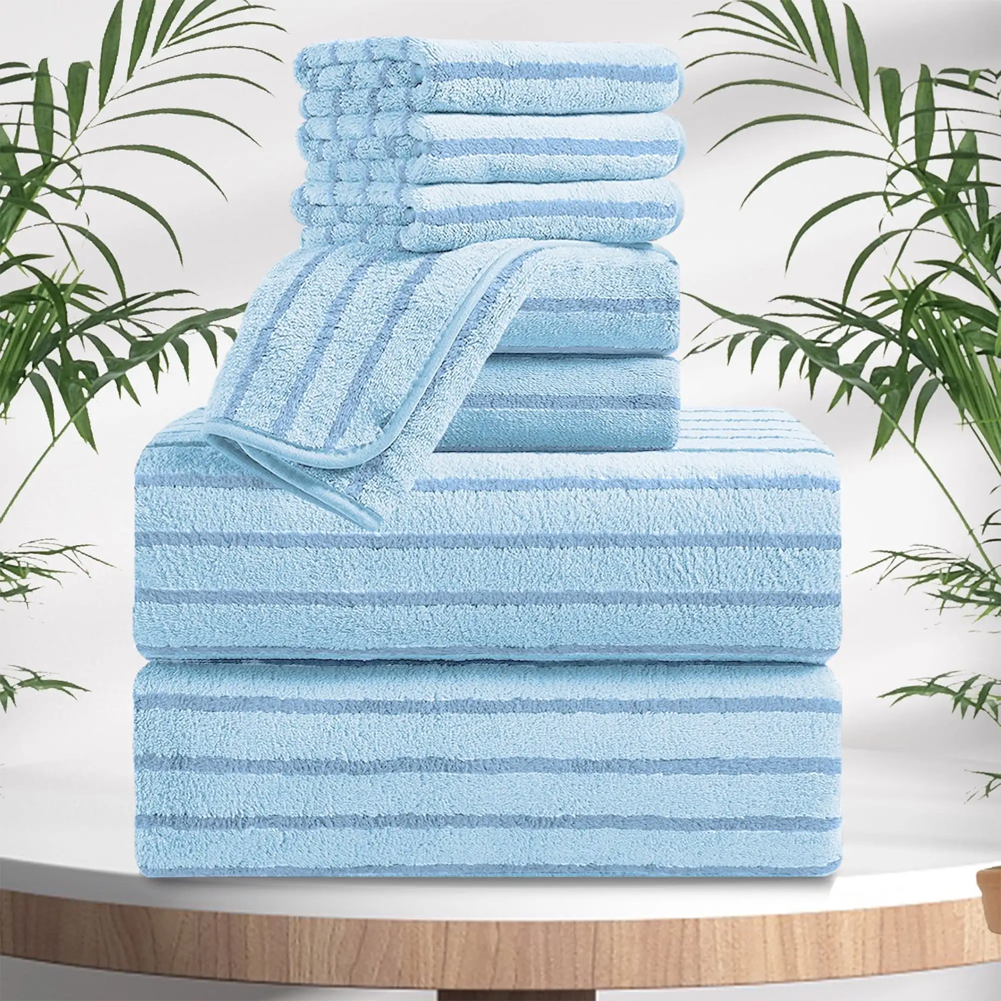 

8 PCS Blue Bicolor Bar Stripe Large Bath Towels Set 2 Oversized Bathroom Towels 2 Hand Towels 4 Washcloths Soft Touch