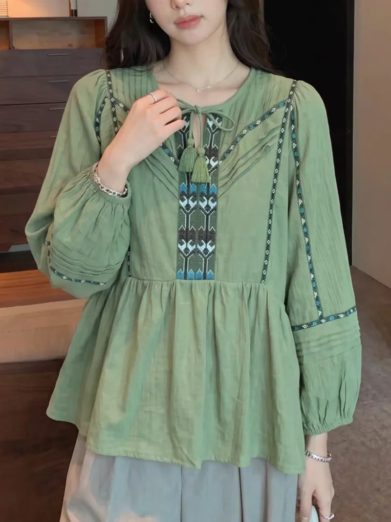 Women Boho Geometric Embroidered Blouse Tassel Tie Neck Lantern Puff Sleeve Loose Peplum Casual Shirt